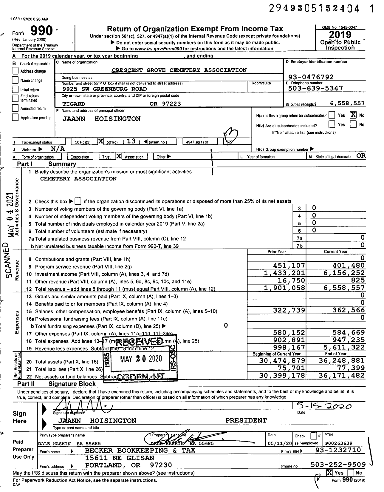 Image of first page of 2019 Form 990O for Crescent Grove Cemetery Association