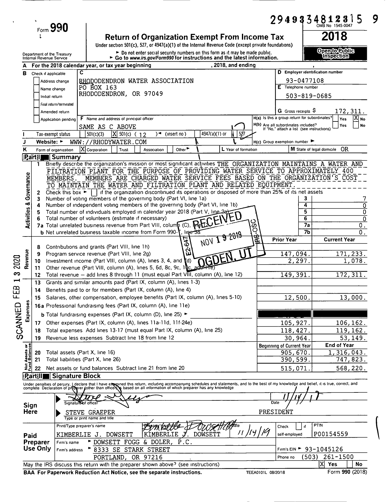 Image of first page of 2018 Form 990O for Rhododendron Water Association