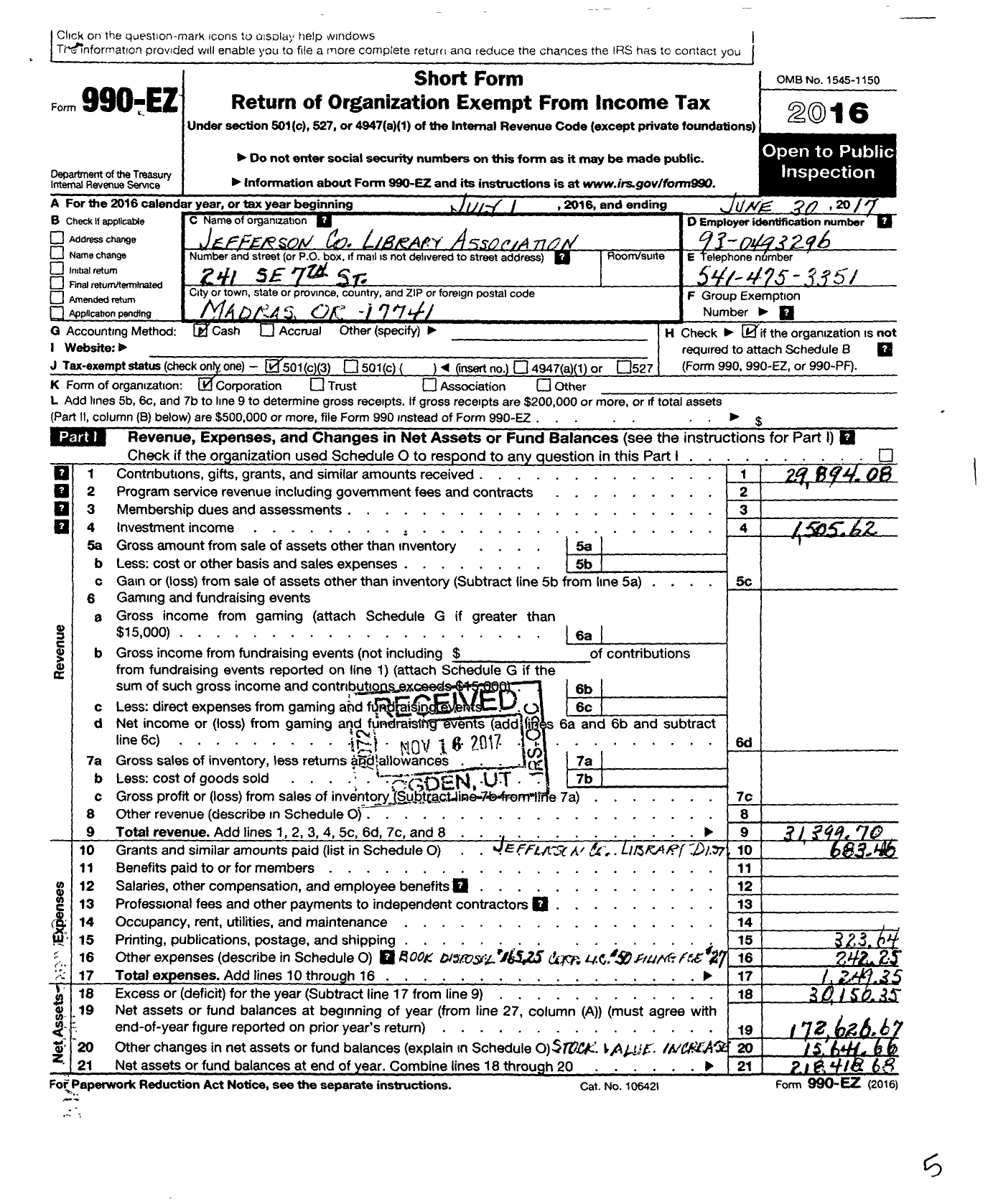 Image of first page of 2016 Form 990EZ for Jefferson County Library Association