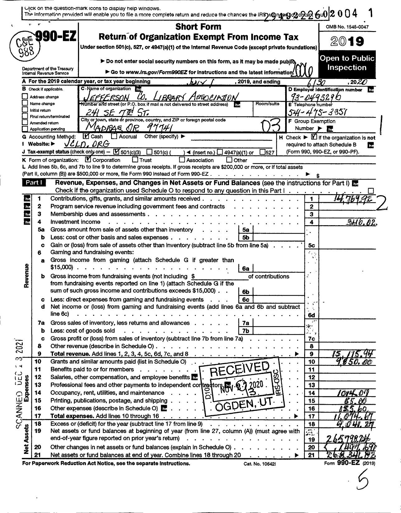 Image of first page of 2019 Form 990EZ for Jefferson County Library Association