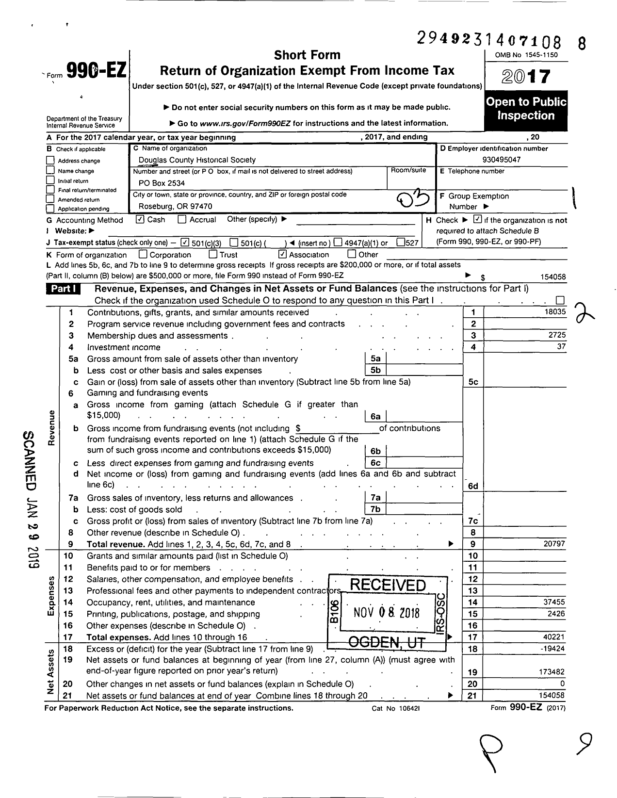 Image of first page of 2017 Form 990EZ for Douglas County Historical Scoiety