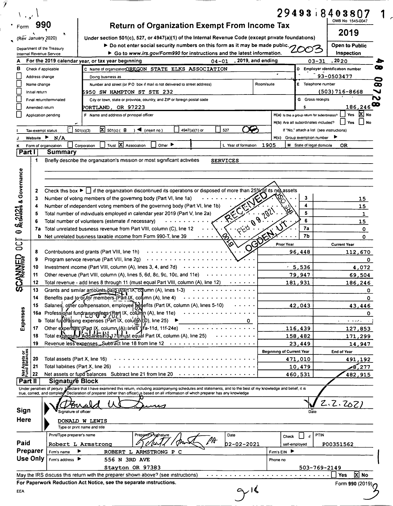 Image of first page of 2019 Form 990O for Benevolent and Protective Order of Elks - Oregon State Elks Assn