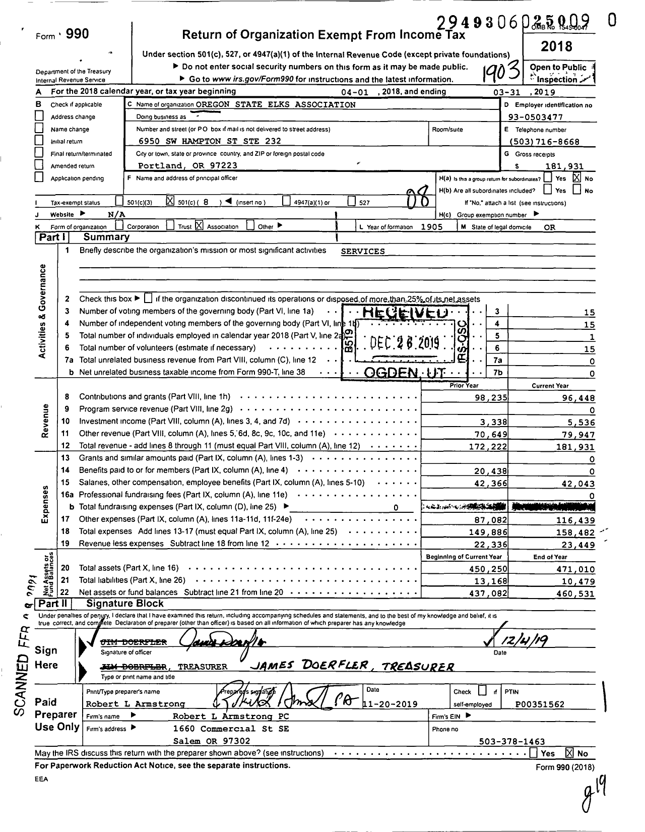 Image of first page of 2018 Form 990O for Benevolent and Protective Order of Elks - Oregon State Elks Assn