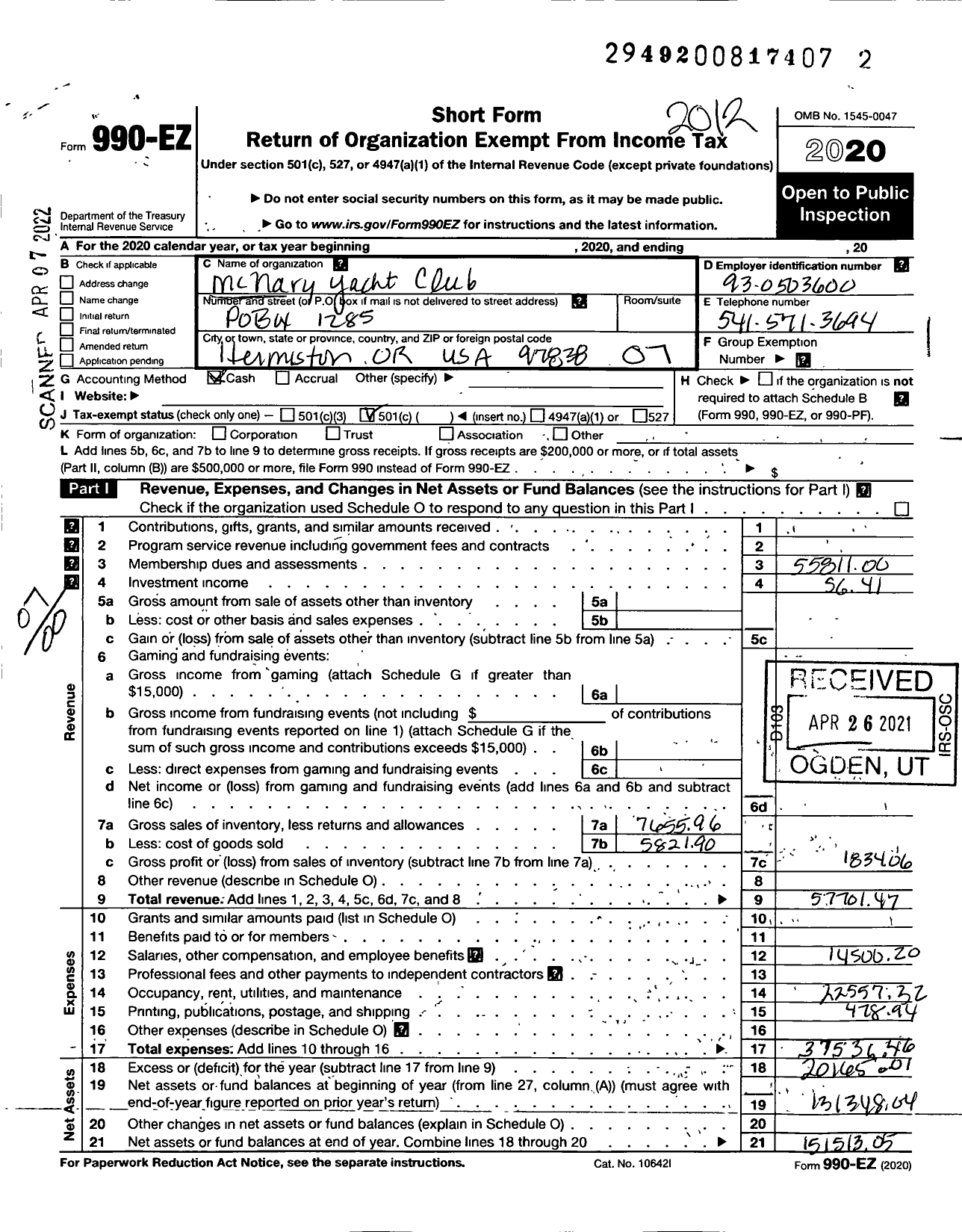 Image of first page of 2020 Form 990EO for Mcnary Yacht Club