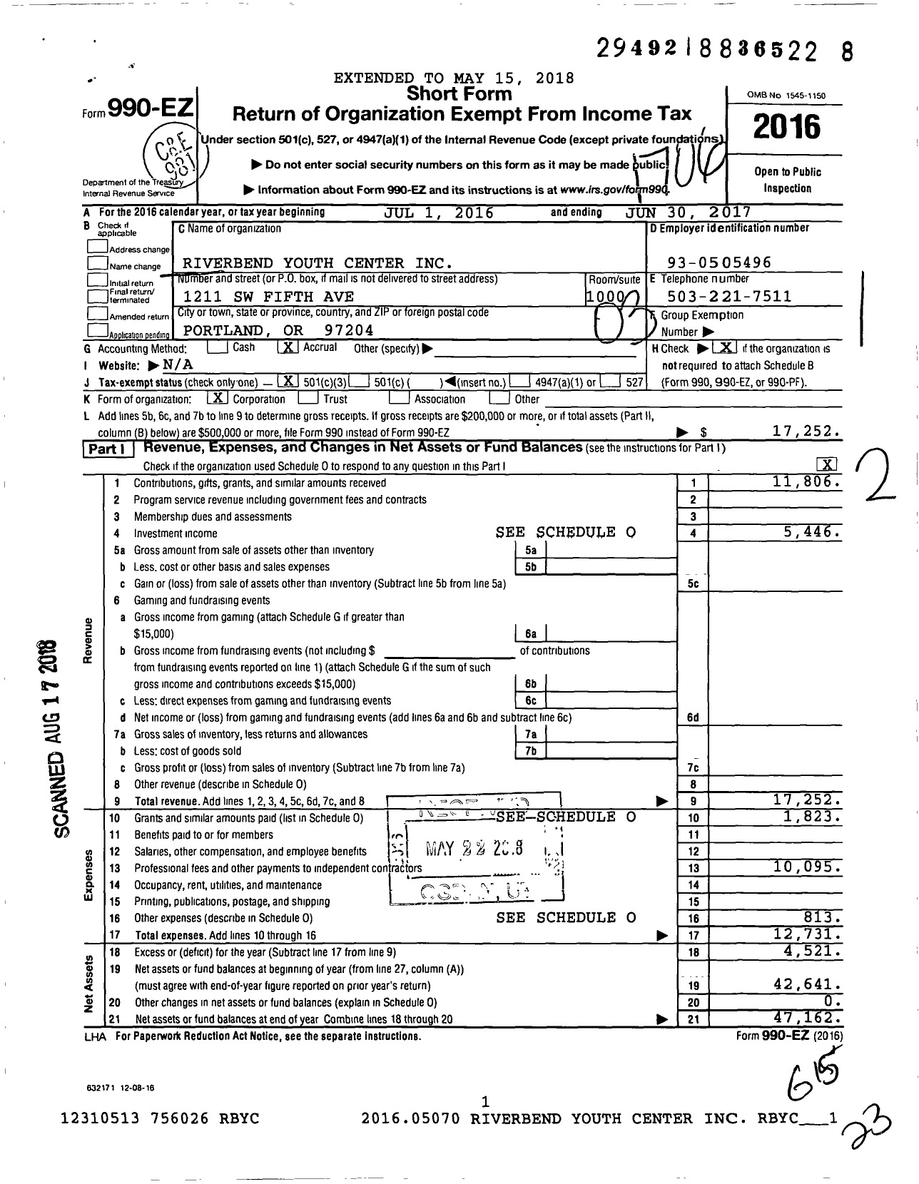 Image of first page of 2016 Form 990EZ for Riverbend Youth Center