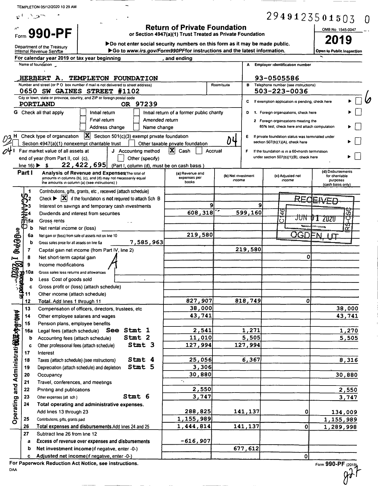 Image of first page of 2019 Form 990PR for Herbert A Templeton Foundation