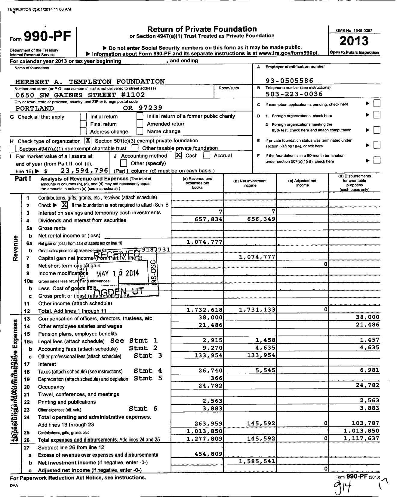 Image of first page of 2032 Form 990PF for Herbert A Templeton Foundation