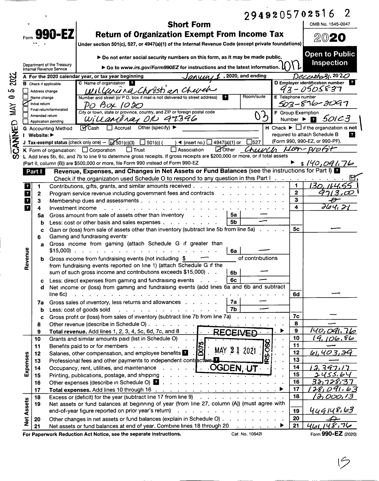 Image of first page of 2020 Form 990EZ for Willamina Christian Church