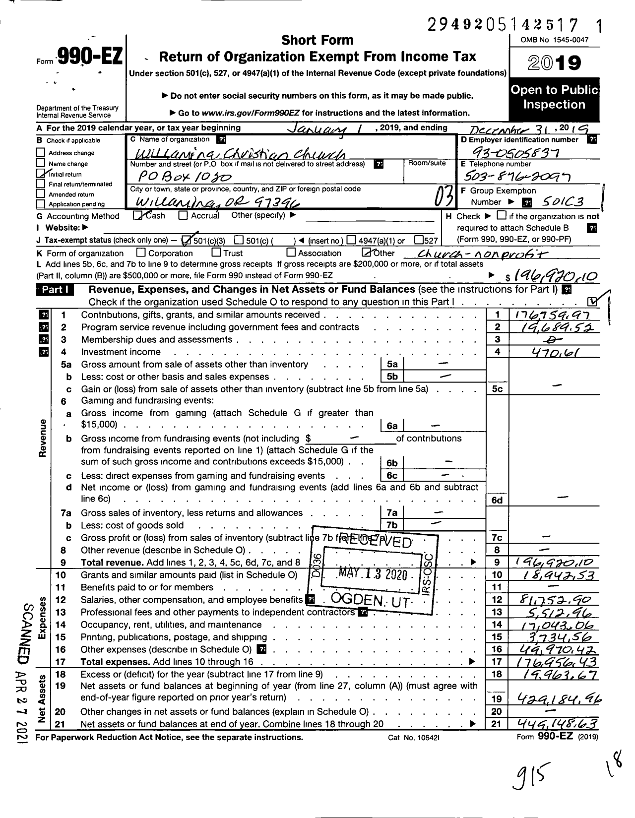 Image of first page of 2019 Form 990EZ for Willamina Christian Church