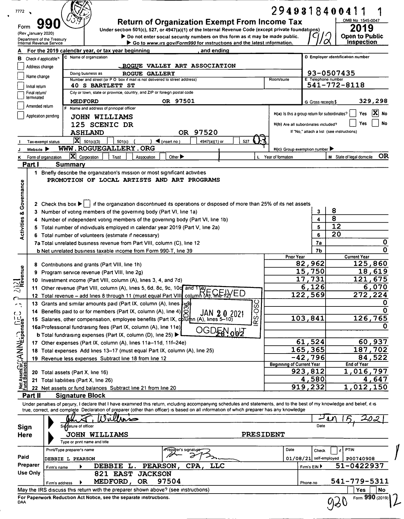 Image of first page of 2019 Form 990 for Rogue Gallery