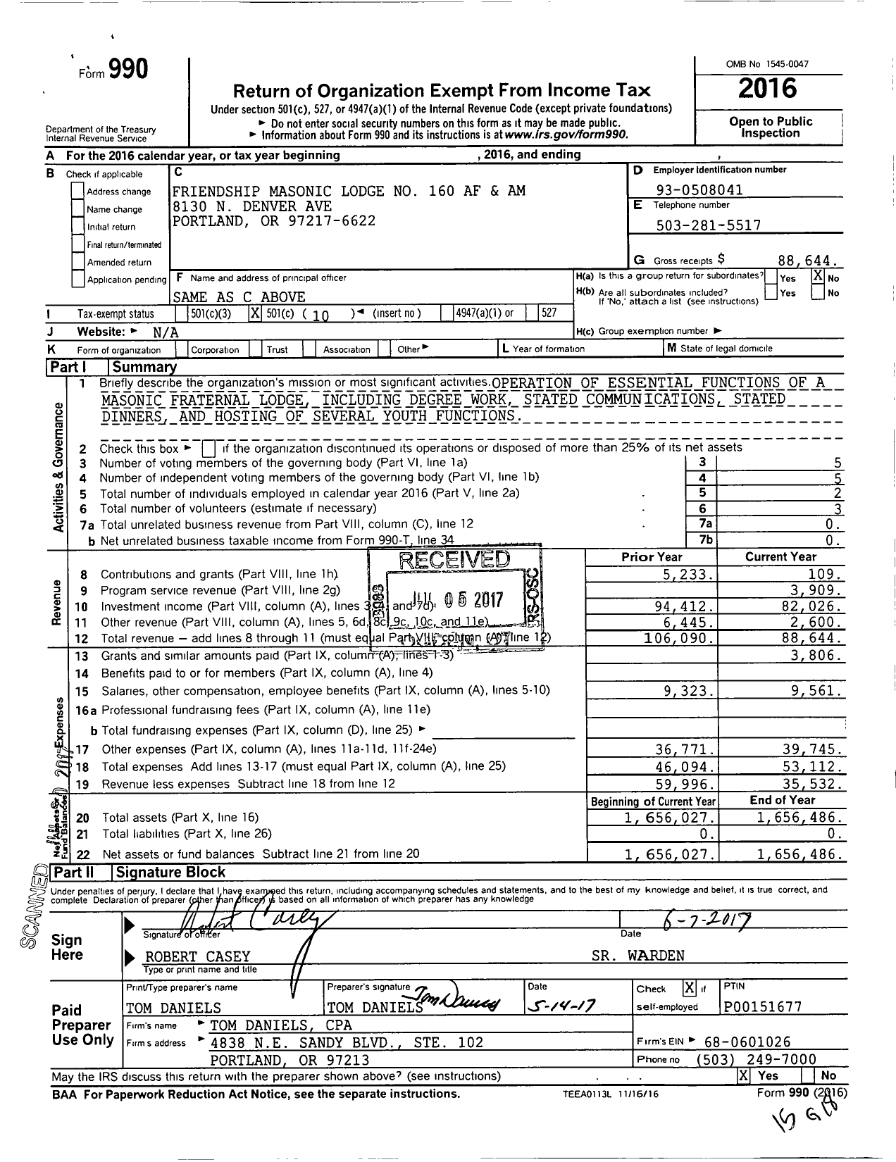 Image of first page of 2016 Form 990O for Ancient Free and Accepted Masons of Oregon - 160 Friendship Masonic Lodge