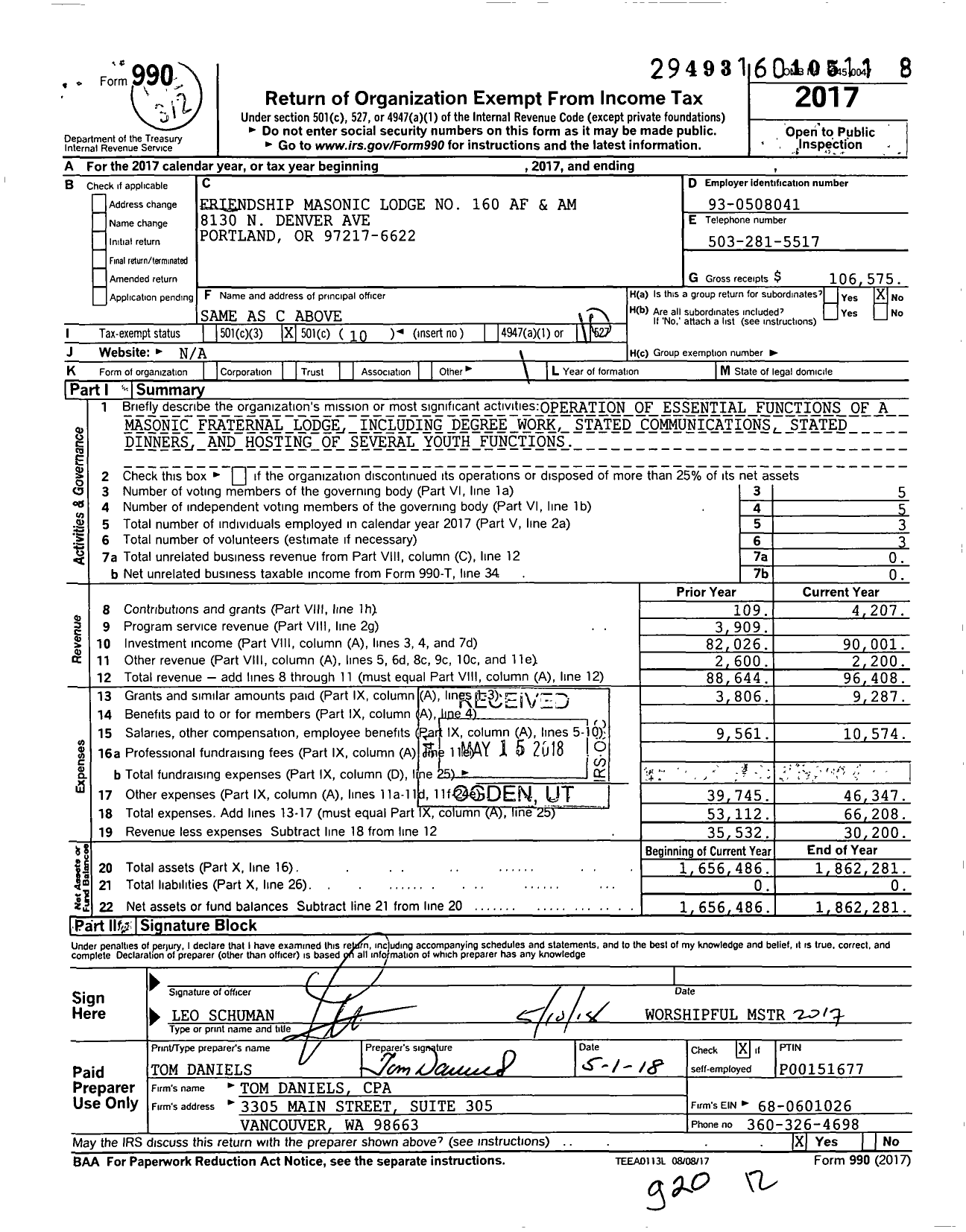 Image of first page of 2017 Form 990O for Ancient Free and Accepted Masons of Oregon - 160 Friendship Masonic Lodge