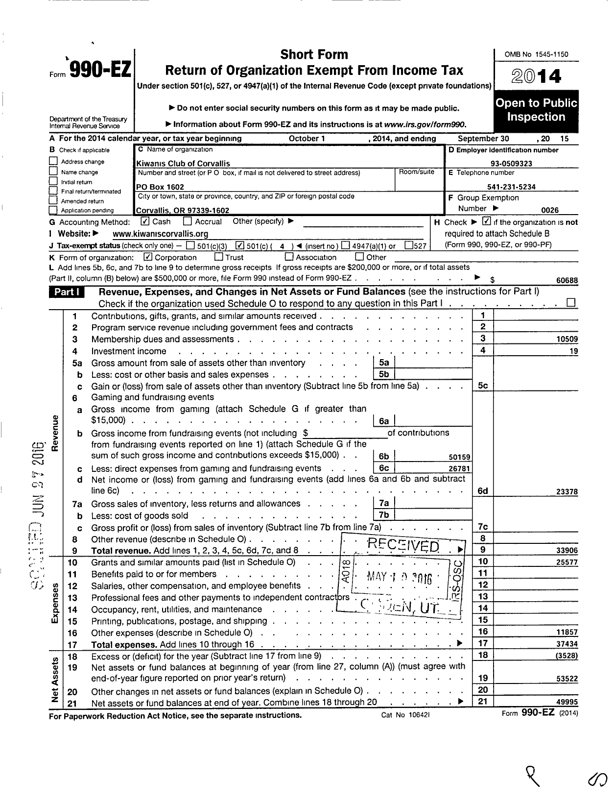 Image of first page of 2014 Form 990EO for Kiwanis International - K02730 Corvallis