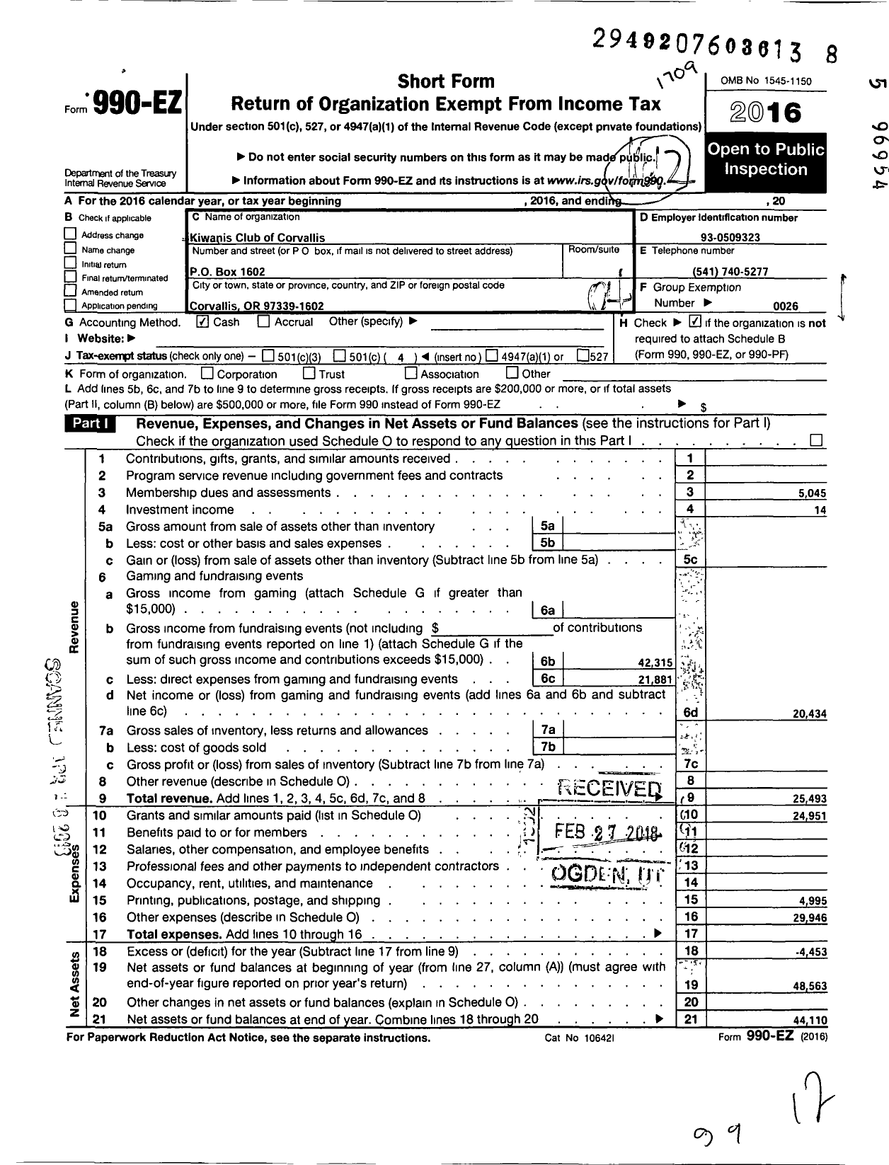 Image of first page of 2016 Form 990EO for Kiwanis International - K02730 Corvallis