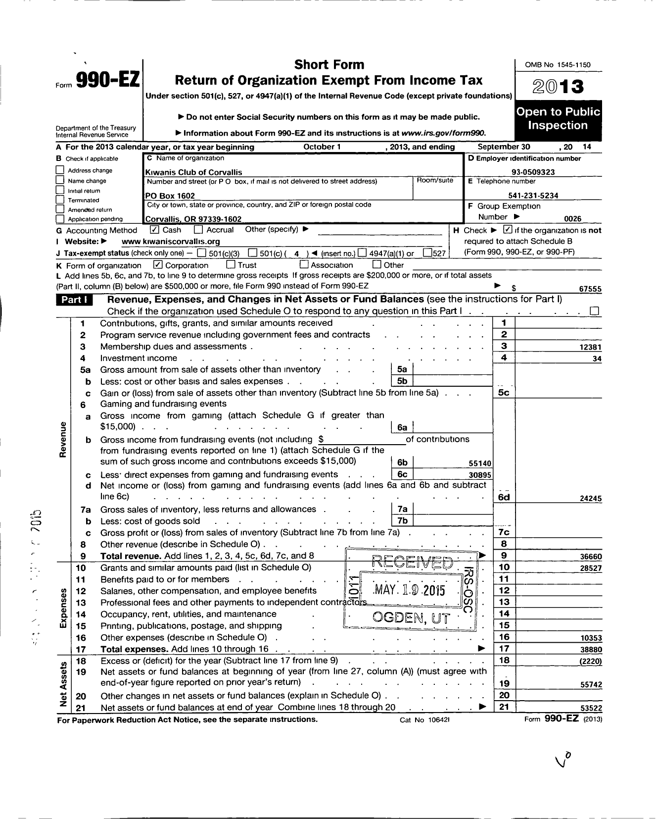 Image of first page of 2013 Form 990EO for Kiwanis International - K02730 Corvallis