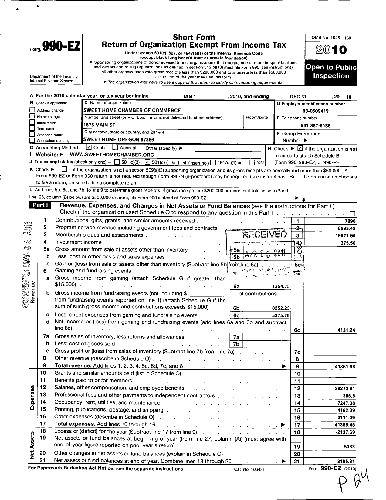 Image of first page of 2010 Form 990EO for Sweet Home Chamber of Commerce and Visitors Center
