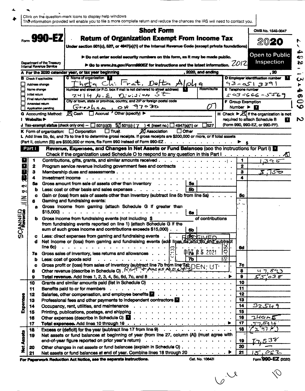 Image of first page of 2020 Form 990EO for Theta Chi Fraternity Delta Alpha