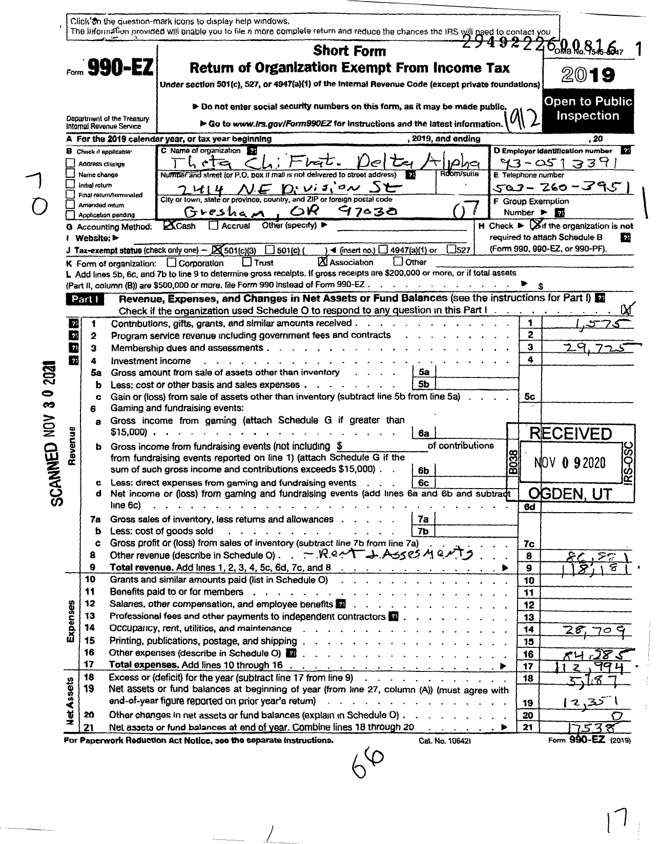 Image of first page of 2019 Form 990EO for Theta Chi Fraternity Delta Alpha