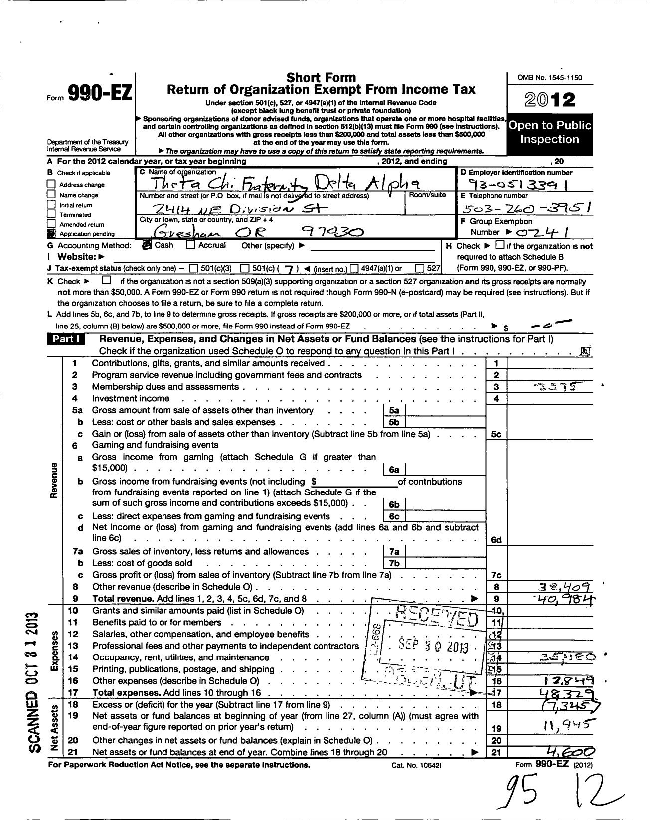 Image of first page of 2012 Form 990EO for Theta Chi Fraternity Delta Alpha