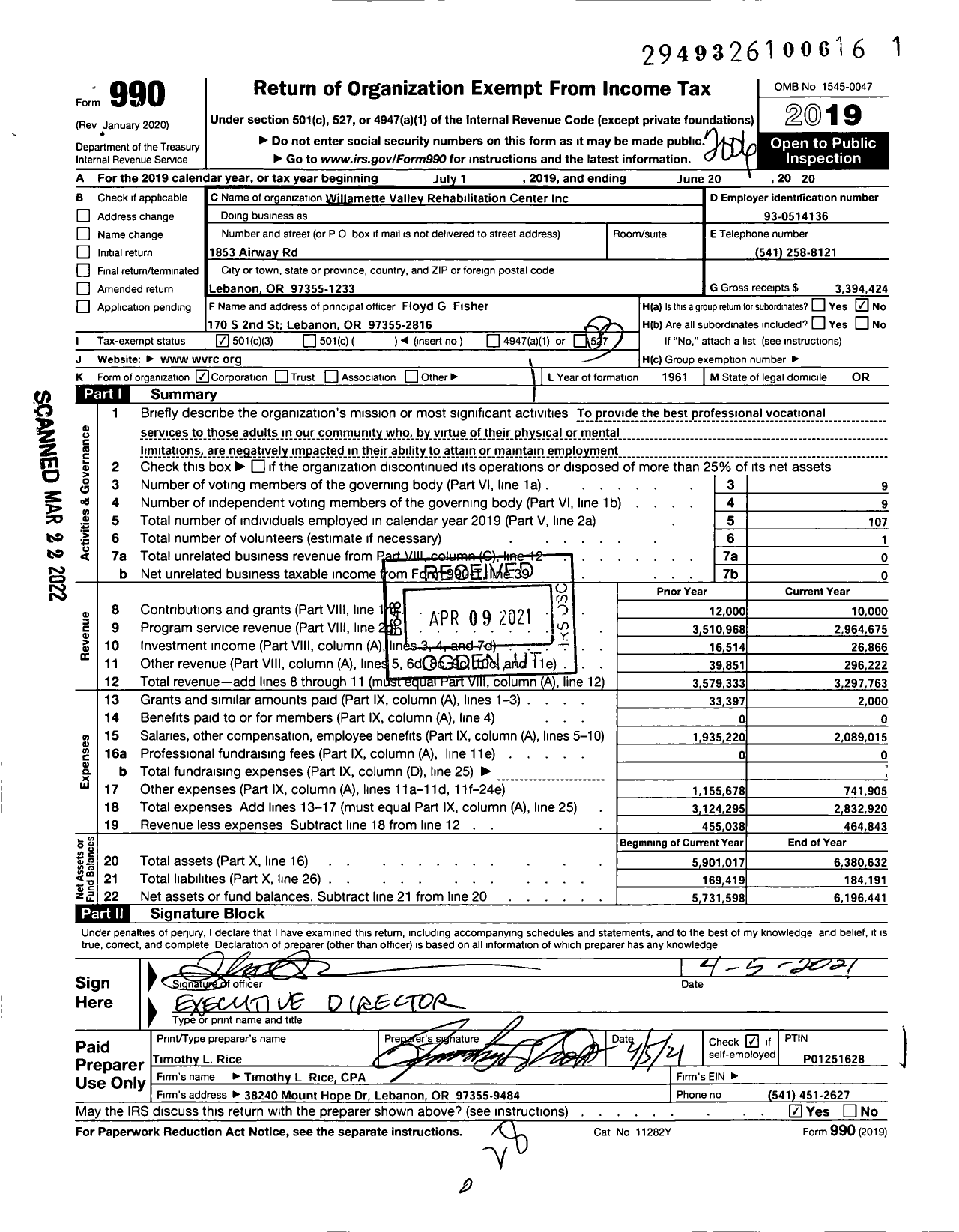 Image of first page of 2019 Form 990 for Willamette Valley Rehabilitation Center