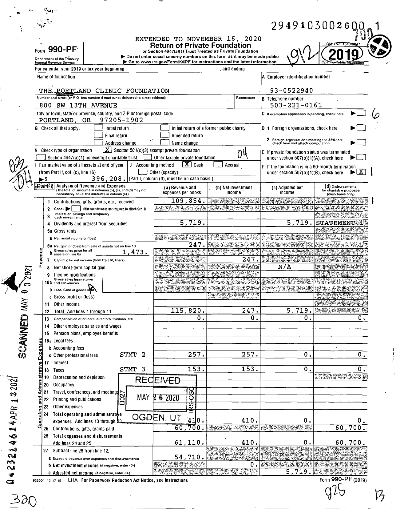 Image of first page of 2019 Form 990PF for The Portland Clinic Foundation