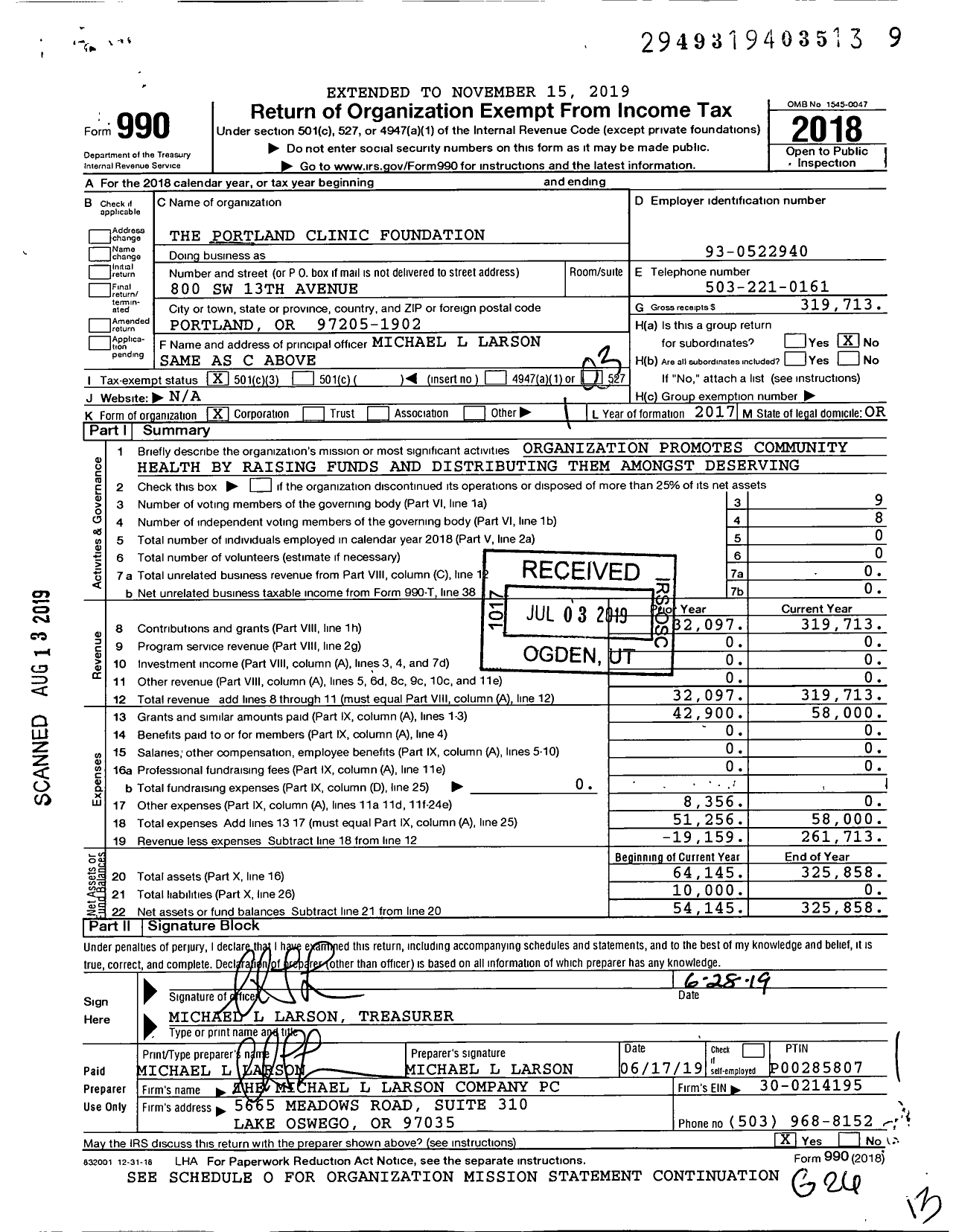 Image of first page of 2018 Form 990 for The Portland Clinic Foundation