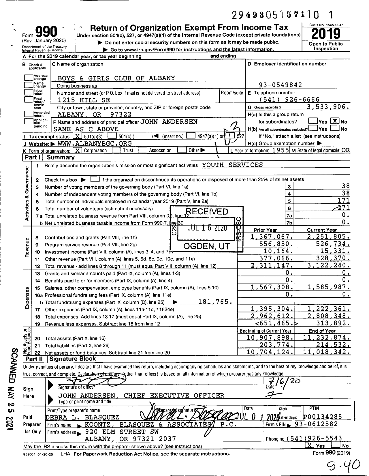 Image of first page of 2019 Form 990 for Boys and Girls Club of Albany