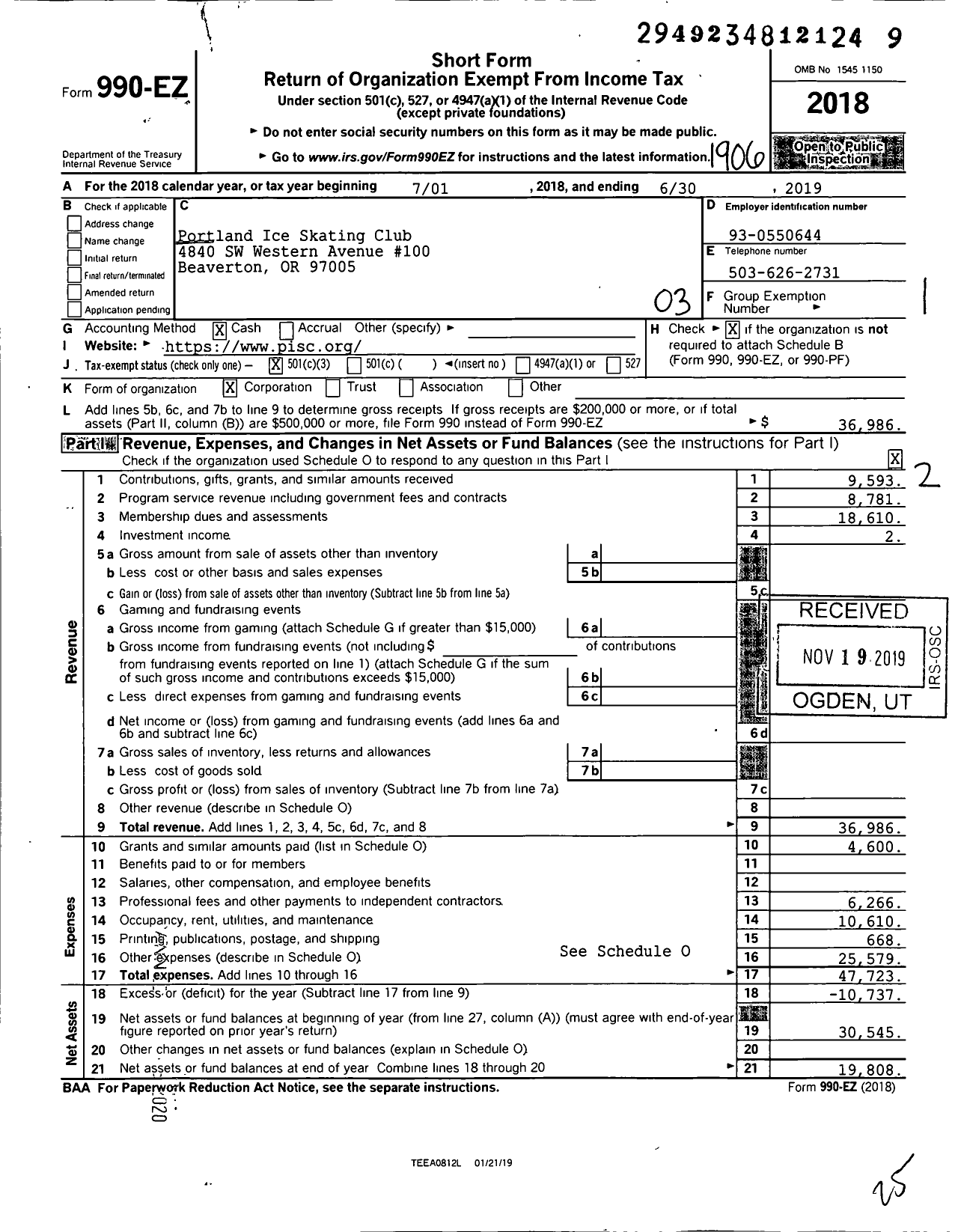 Image of first page of 2018 Form 990EZ for Portland Ice Skating Club