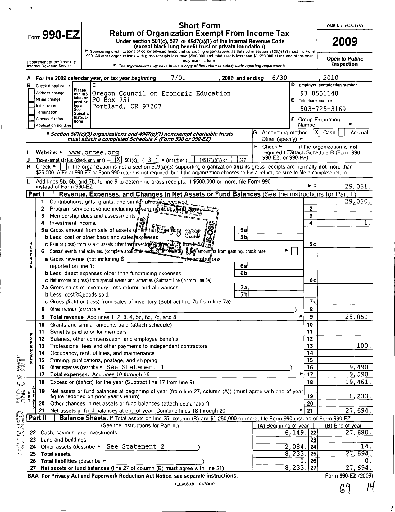 Image of first page of 2009 Form 990EZ for Oregon Council on Economic Education