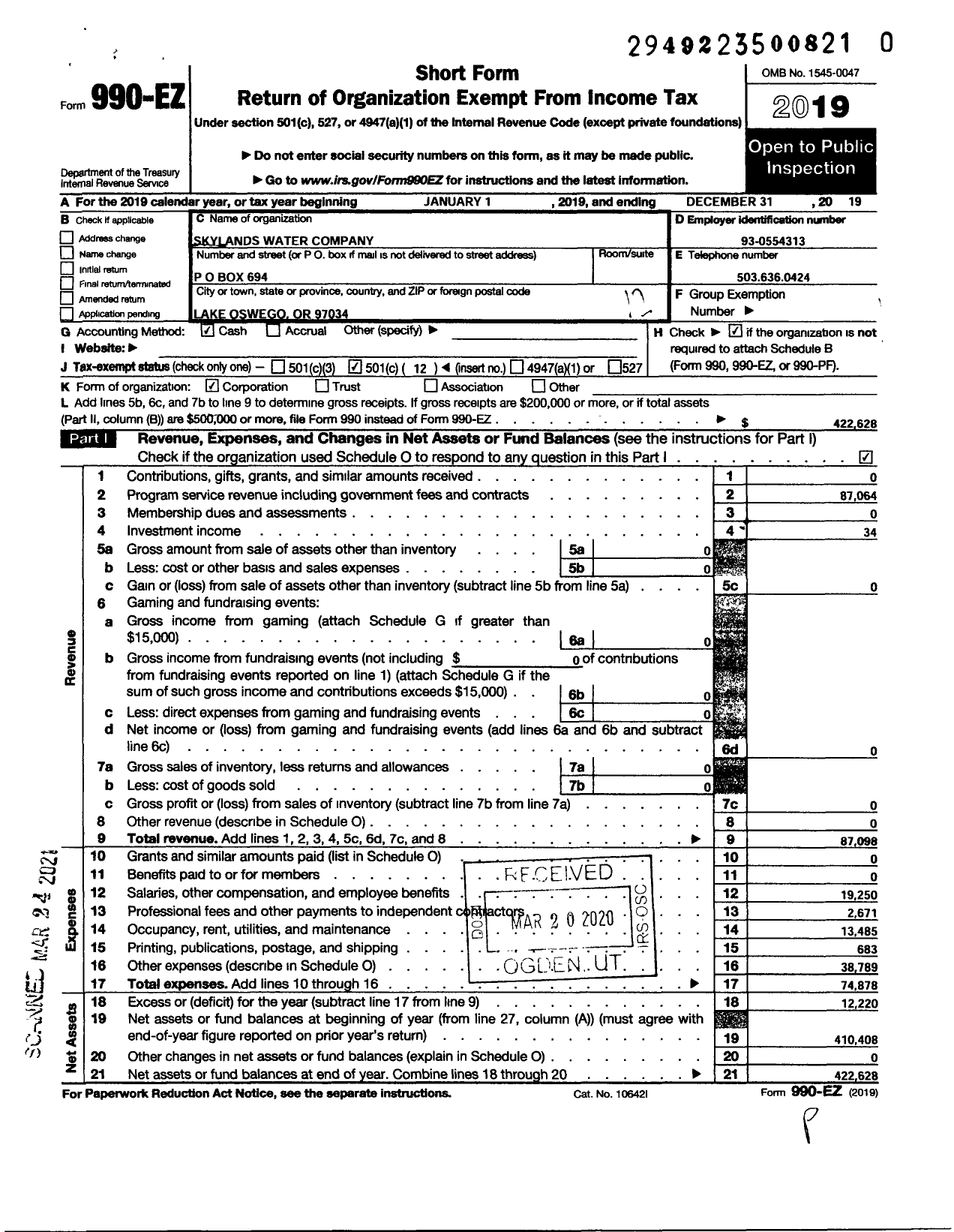 Image of first page of 2019 Form 990EO for Skylands Water Company