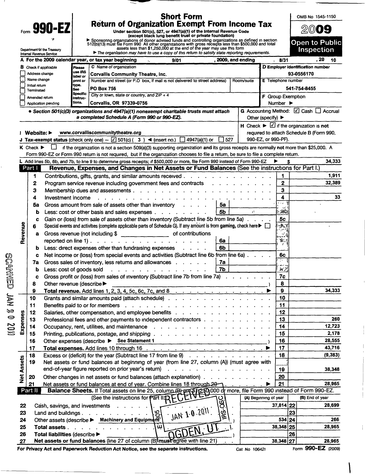 Image of first page of 2009 Form 990EZ for Majestic Community Theatre