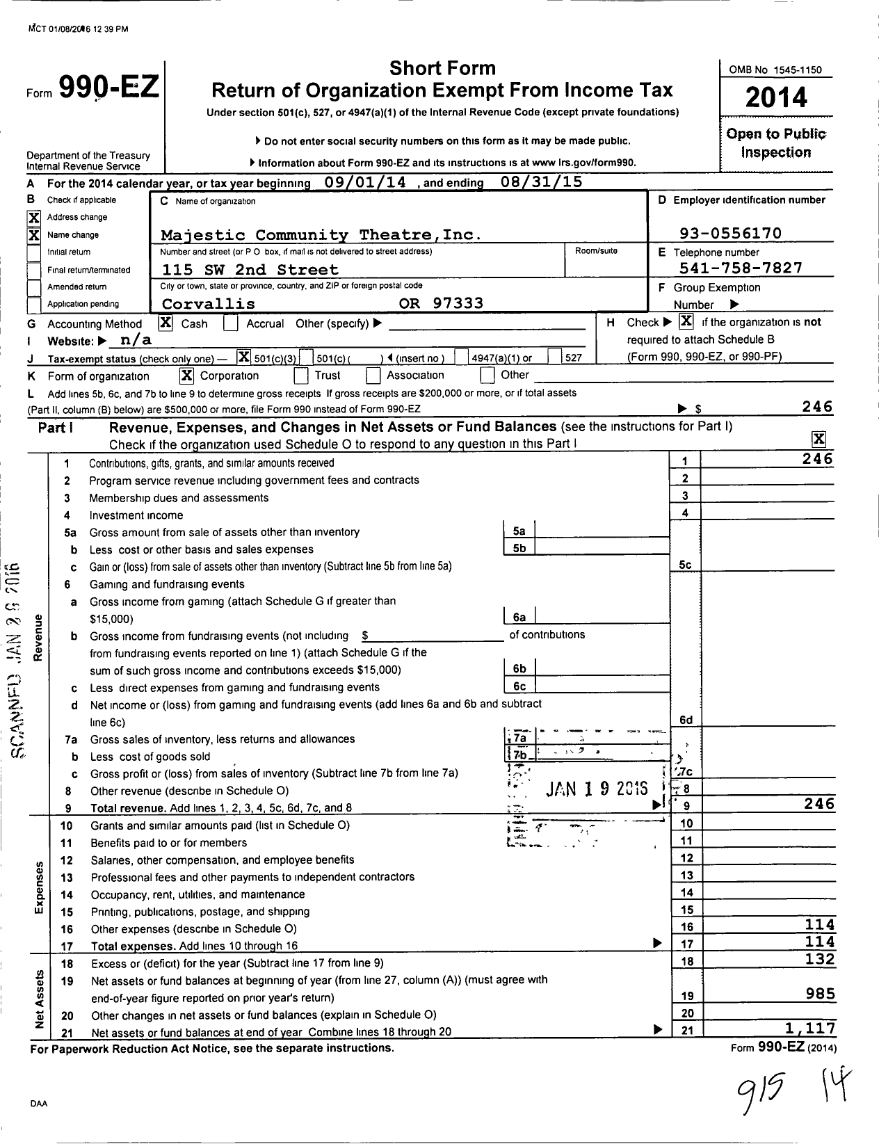 Image of first page of 2014 Form 990EZ for Majestic Community Theatre