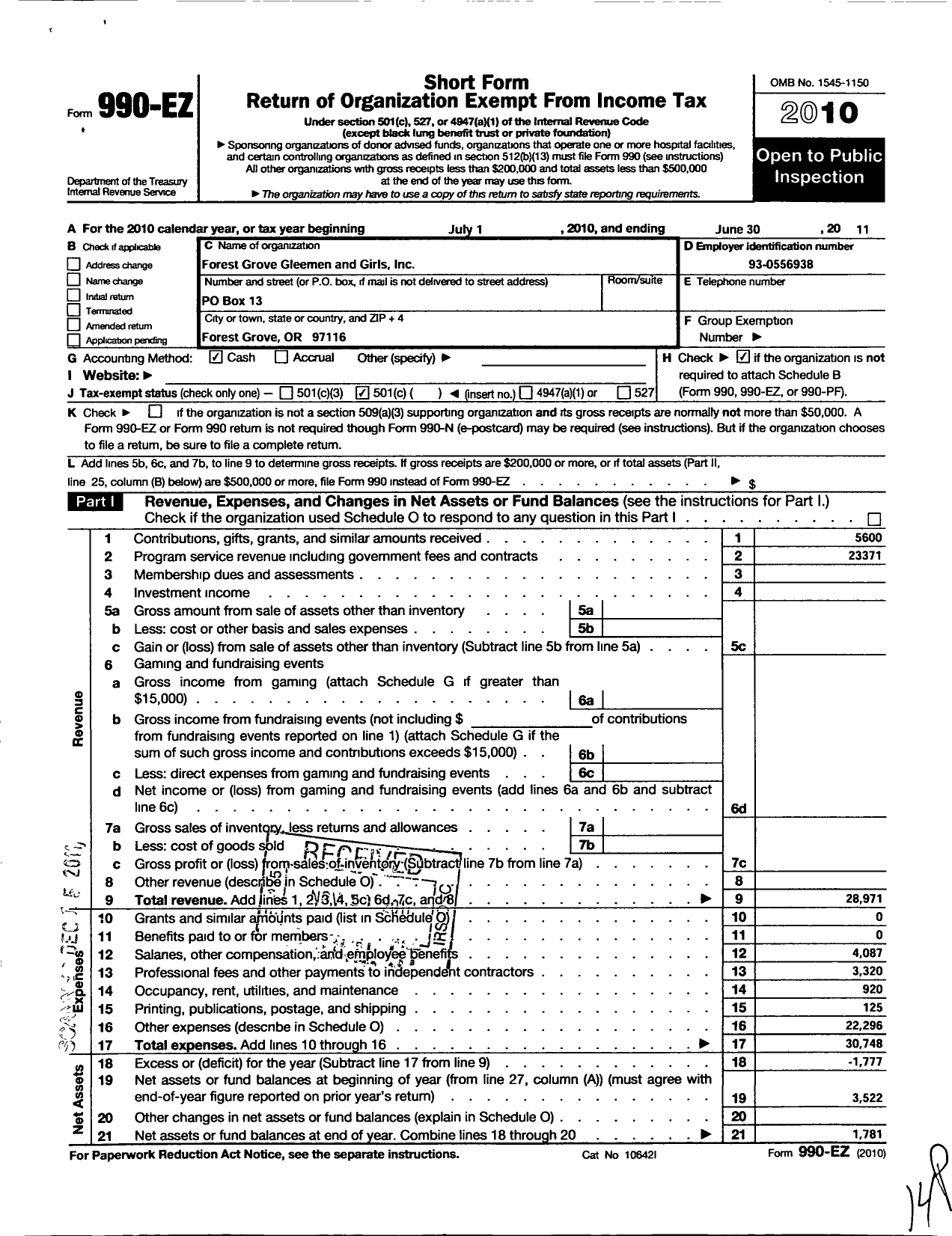 Image of first page of 2010 Form 990EO for Forest Grove Gleemen and Girls