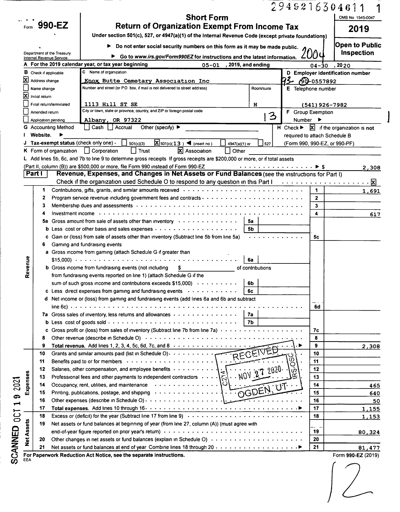 Image of first page of 2019 Form 990EO for Knox Butte Cemetary Association