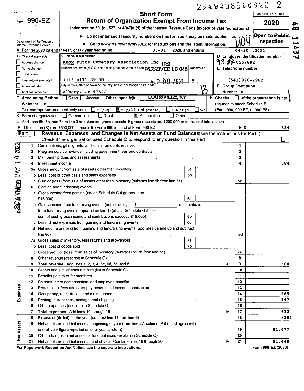 Image of first page of 2020 Form 990EO for Knox Butte Cemetary Association