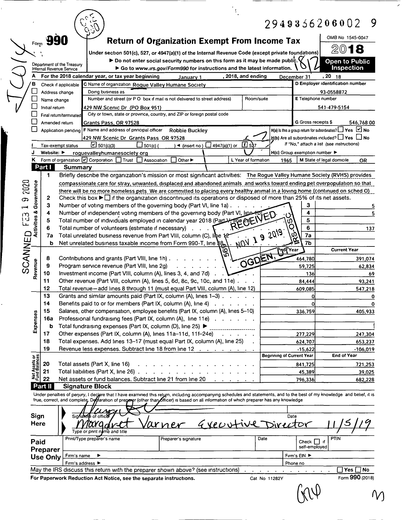 Image of first page of 2018 Form 990 for Rogue Valley Humane Society (RVHS)