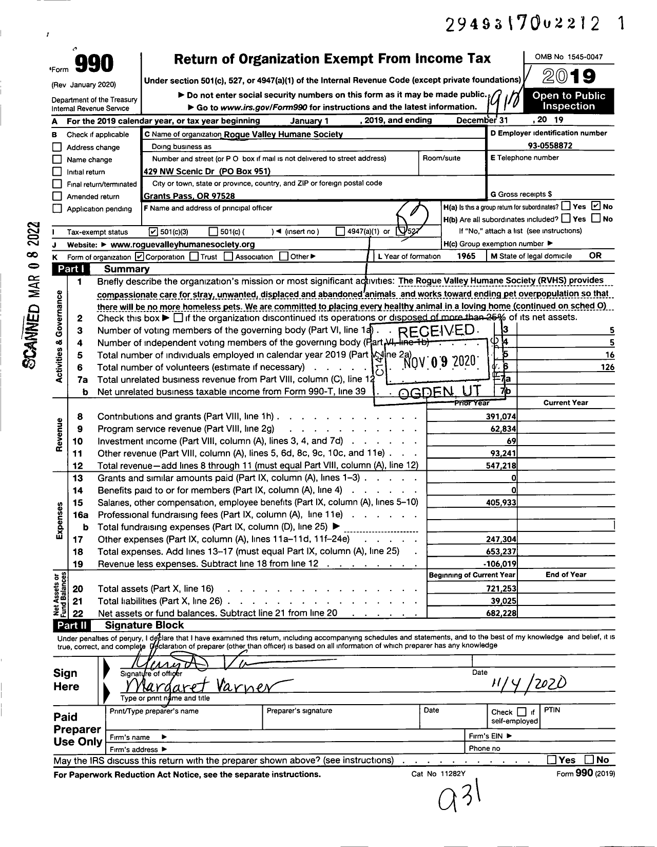 Image of first page of 2019 Form 990 for Rogue Valley Humane Society (RVHS)