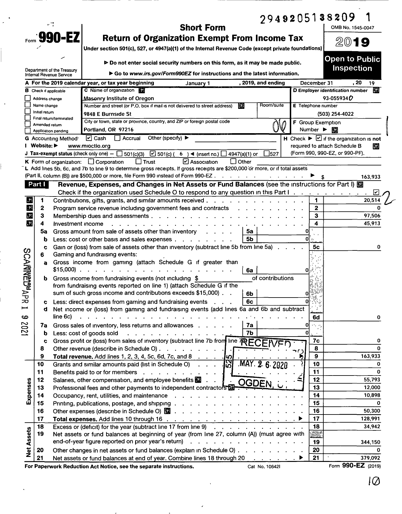 Image of first page of 2019 Form 990EO for Masonry Institute of Oregon