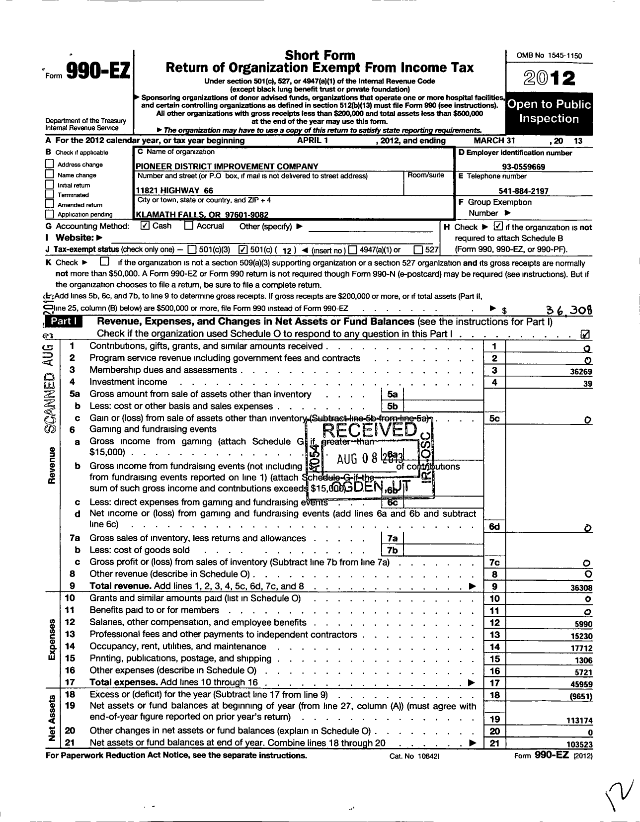 Image of first page of 2012 Form 990EO for Pioneer District Improvement Company