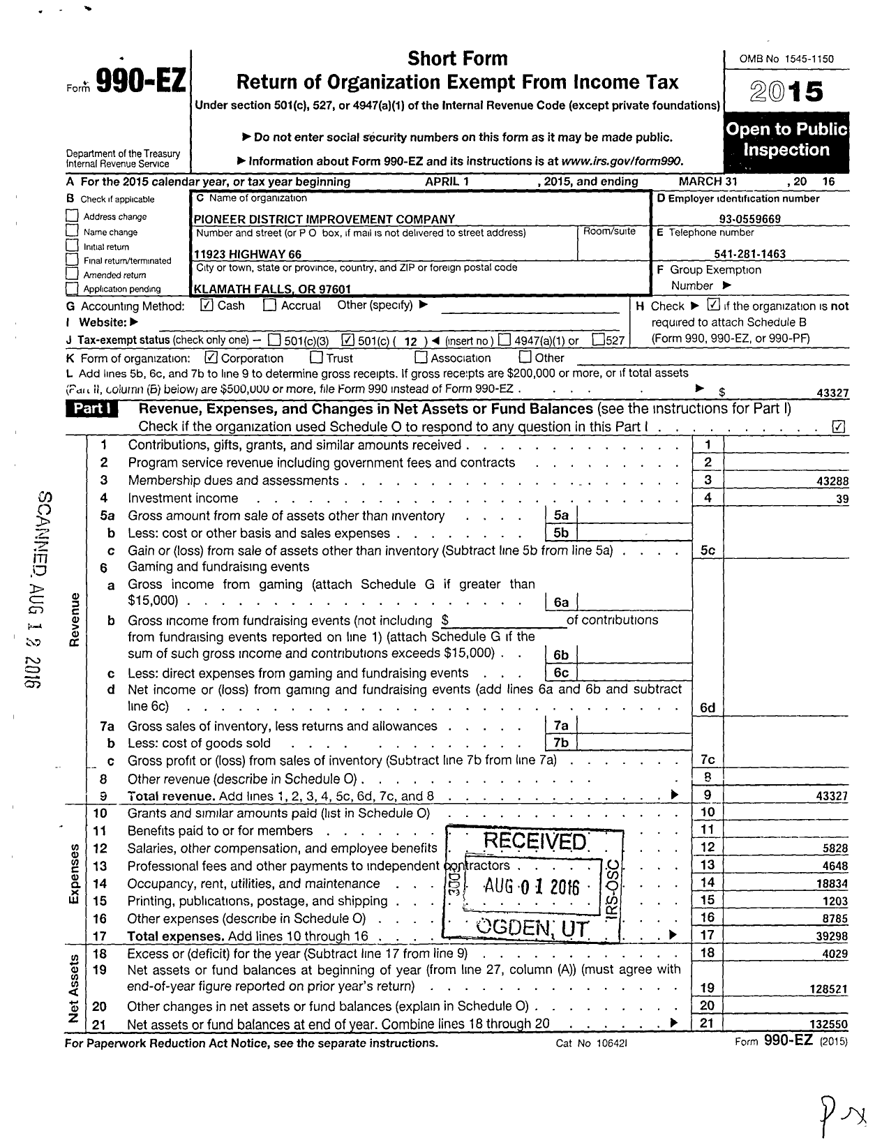 Image of first page of 2015 Form 990EO for Pioneer District Improvement Company