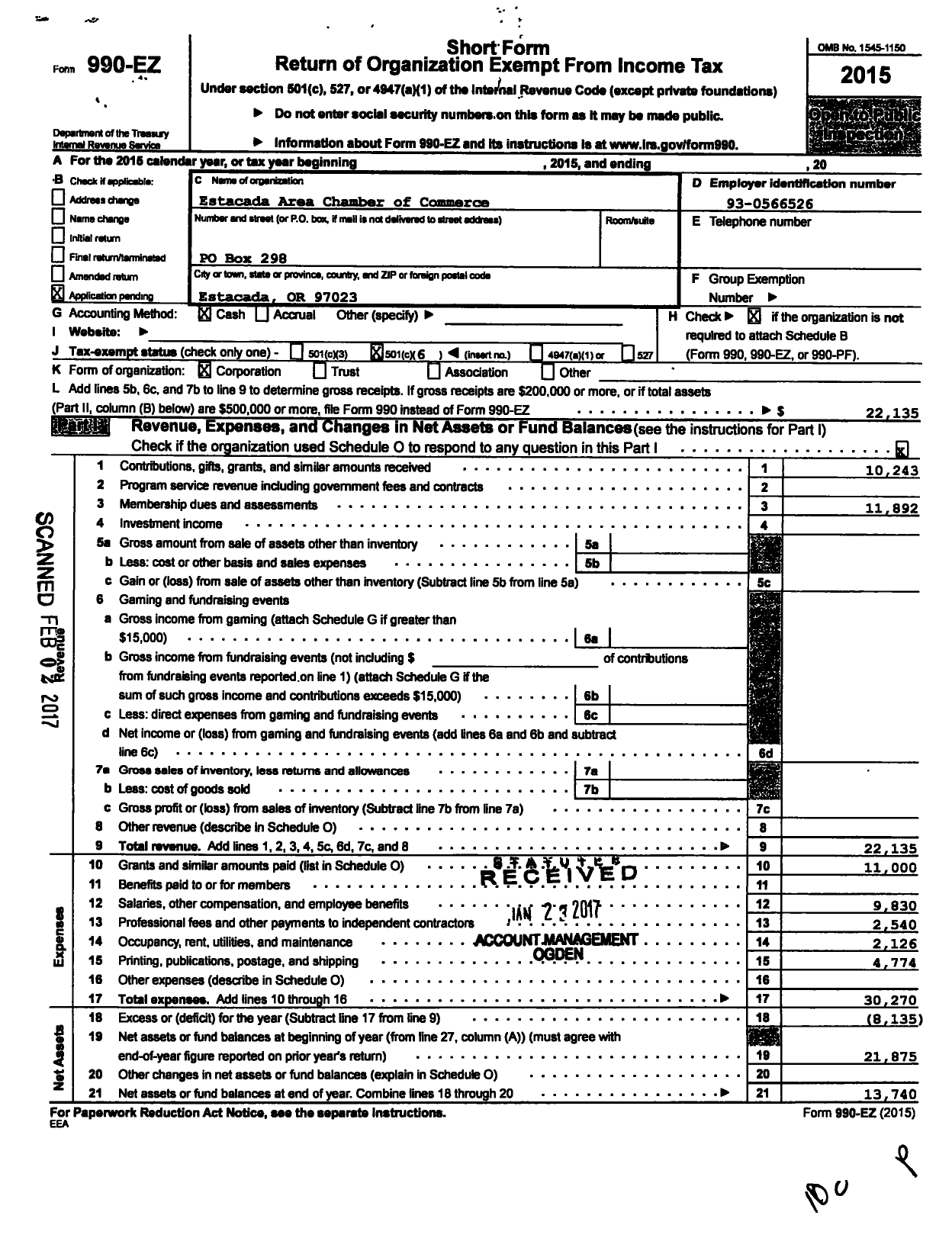 Image of first page of 2015 Form 990EO for Estacada Area Chamber of Commerce