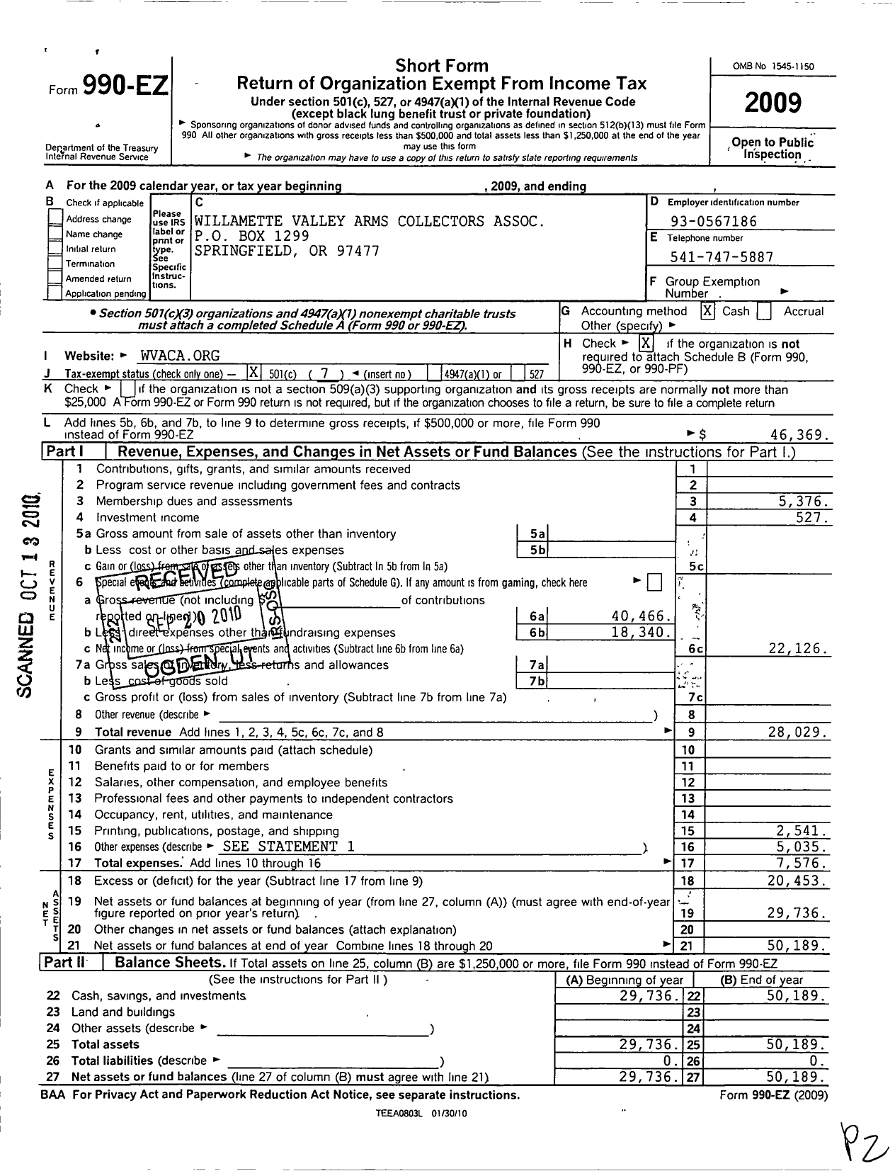 Image of first page of 2009 Form 990EO for Willamette Valley Arms Collectors Association