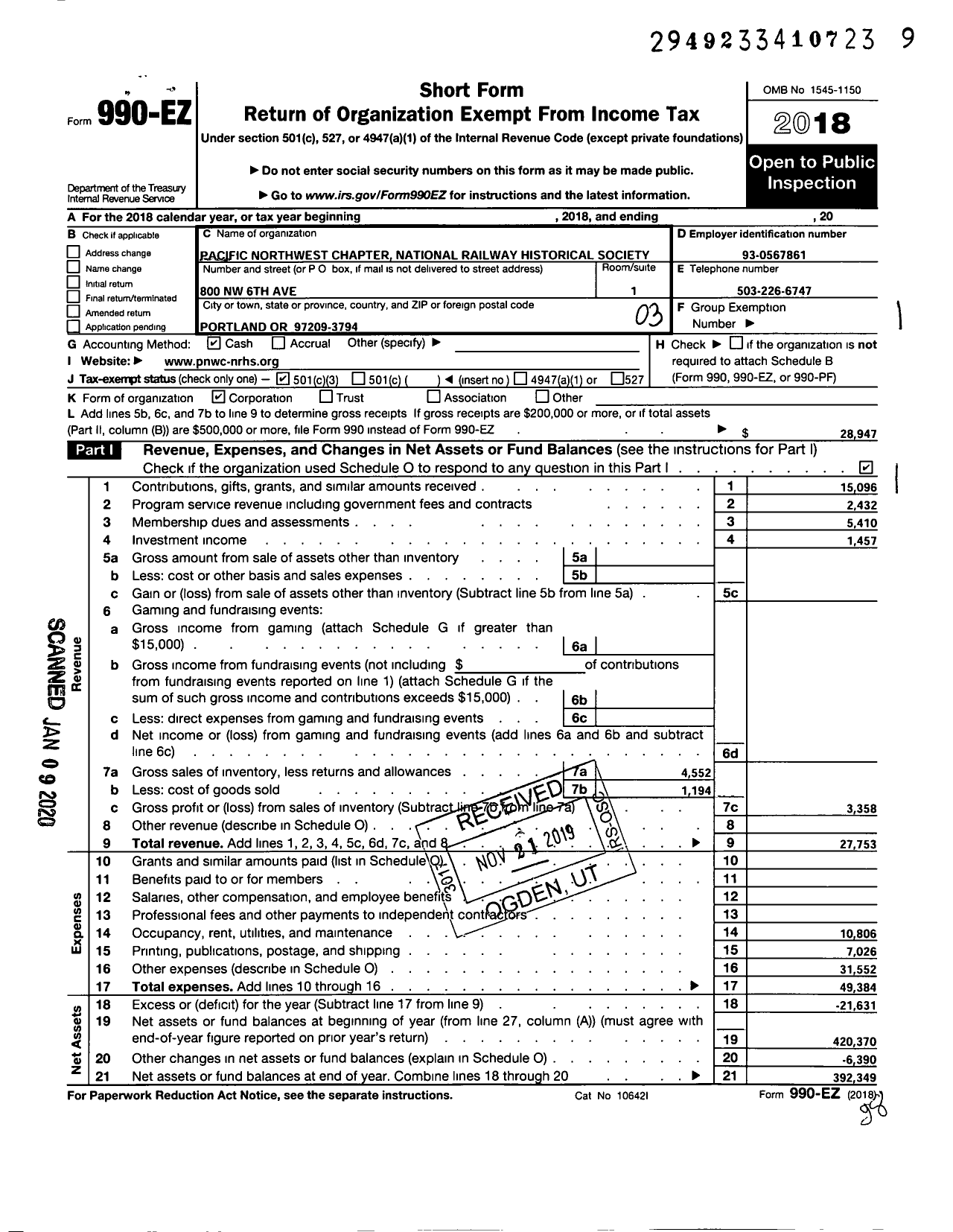 Image of first page of 2018 Form 990EZ for National Railway Historical Society Pacific Northwest Chapter