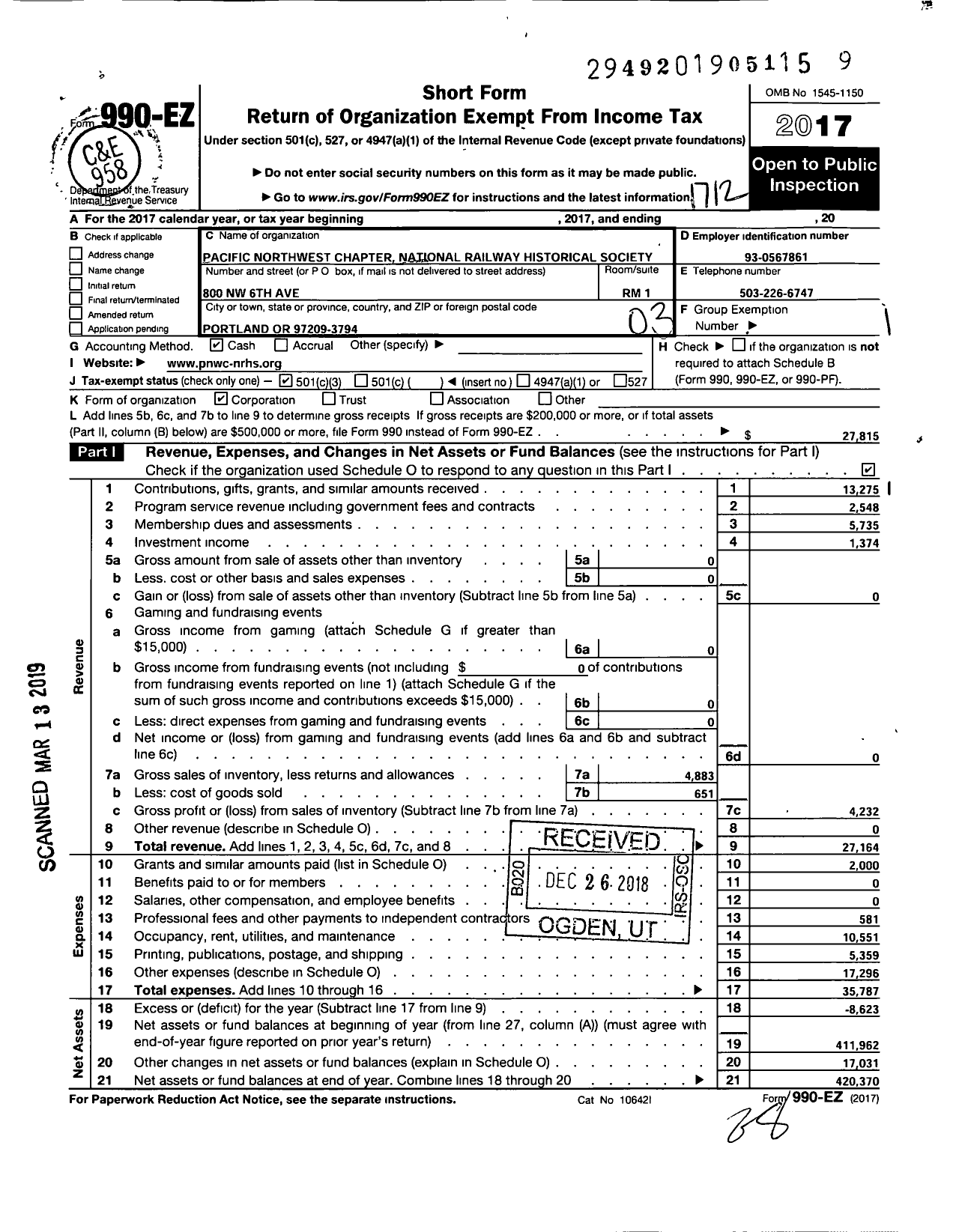 Image of first page of 2017 Form 990EZ for National Railway Historical Society Pacific Northwest Chapter