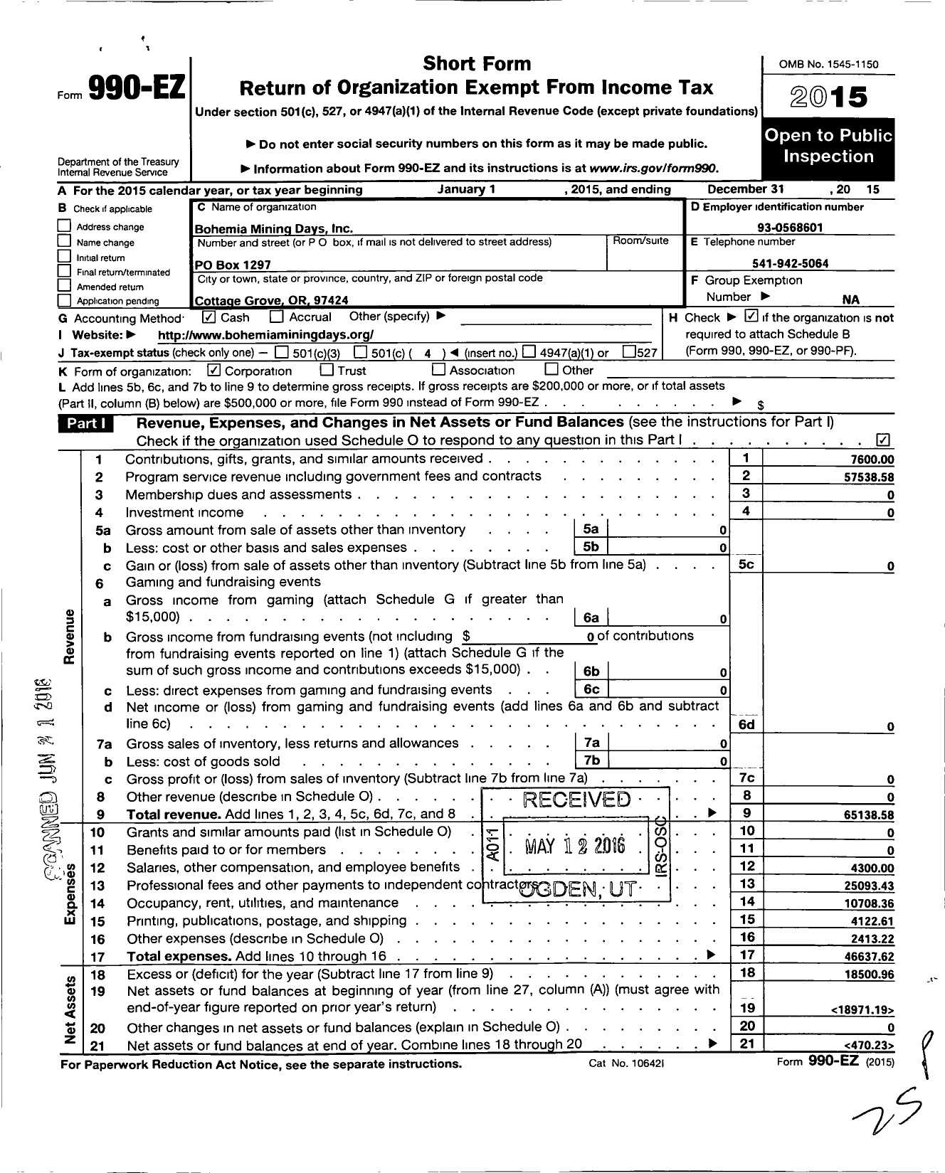 Image of first page of 2015 Form 990EO for Bohemia Mining Days