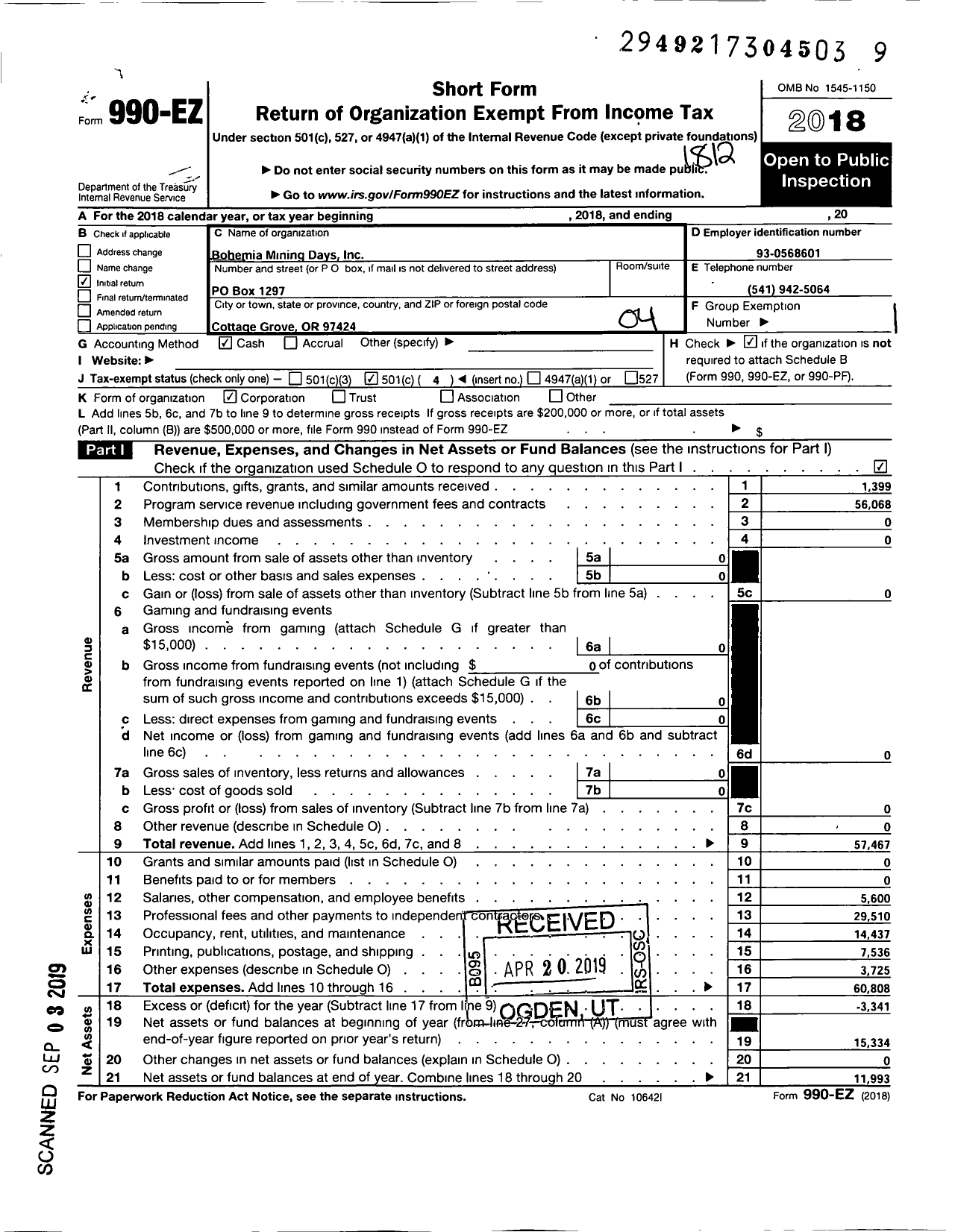 Image of first page of 2018 Form 990EO for Bohemia Mining Days