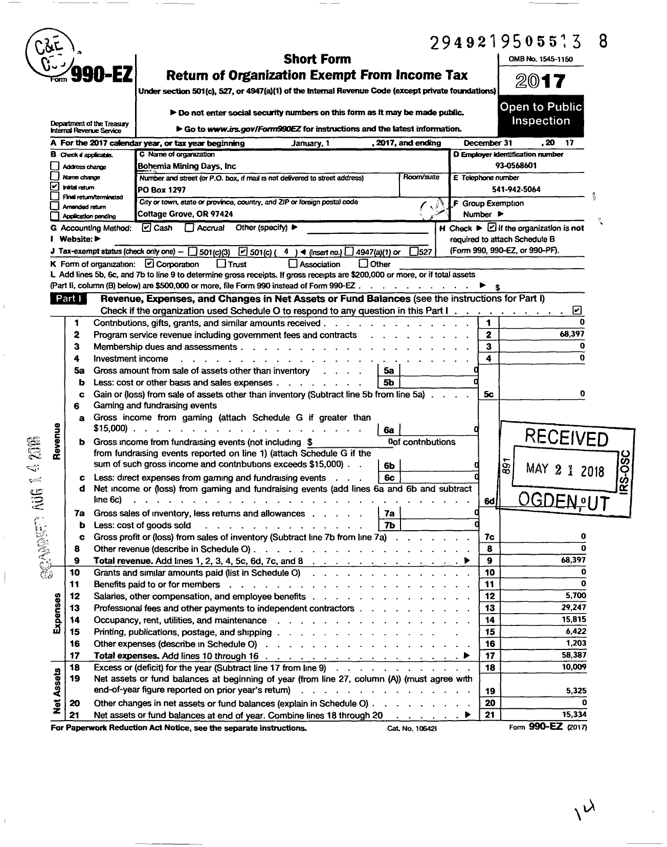 Image of first page of 2017 Form 990EO for Bohemia Mining Days