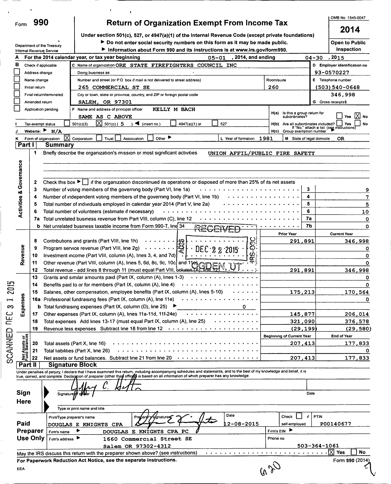 Image of first page of 2014 Form 990O for International Association of Fire Fighters - A0036 Oregon State Fire Fighters Co