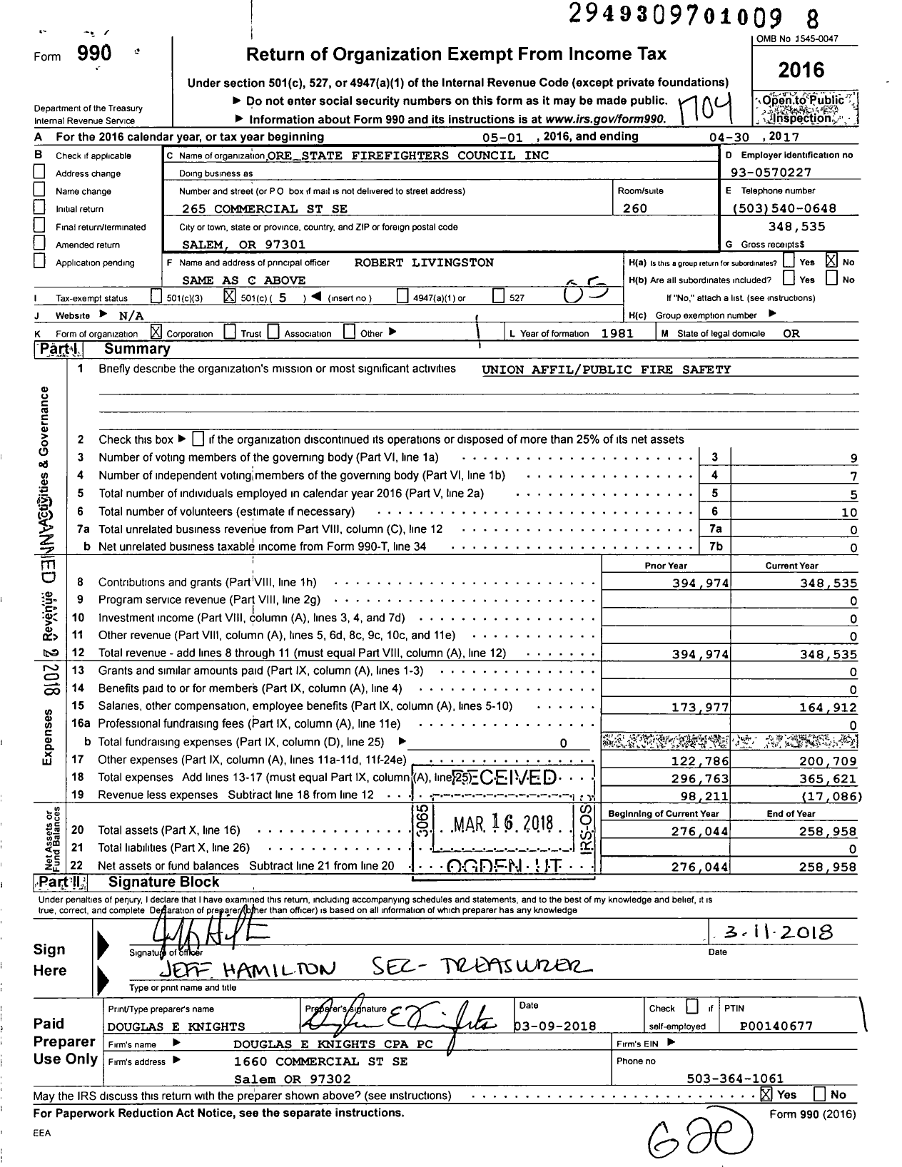 Image of first page of 2016 Form 990O for International Association of Fire Fighters - A0036 Oregon State Fire Fighters Co