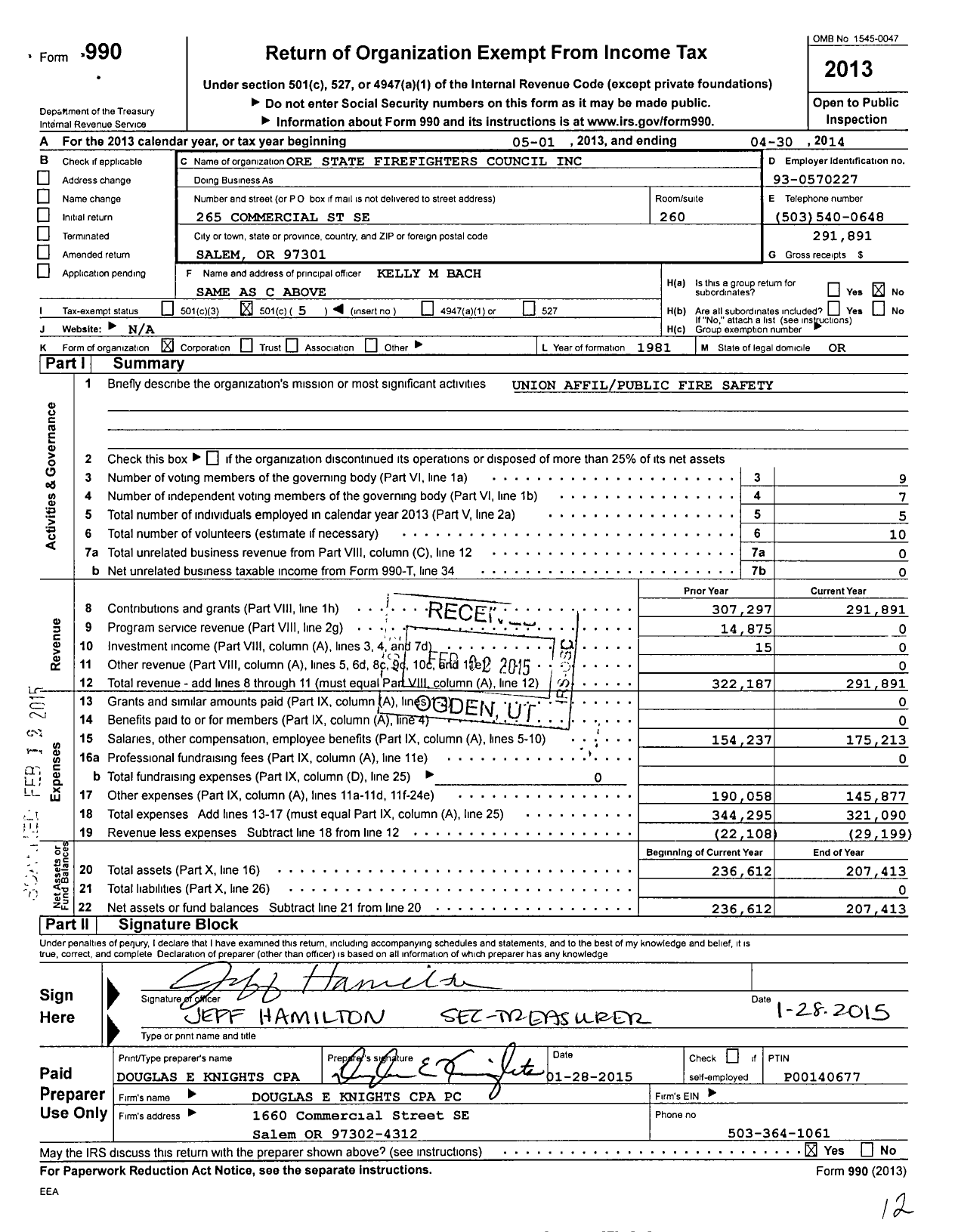 Image of first page of 2013 Form 990O for International Association of Fire Fighters - A0036 Oregon State Fire Fighters Co